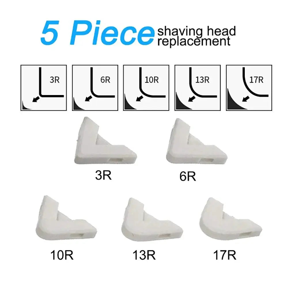 5-piece white plastic shaving-head replacement set with angled tips labeled 3R, 6R, 10R, 13R, and 17R