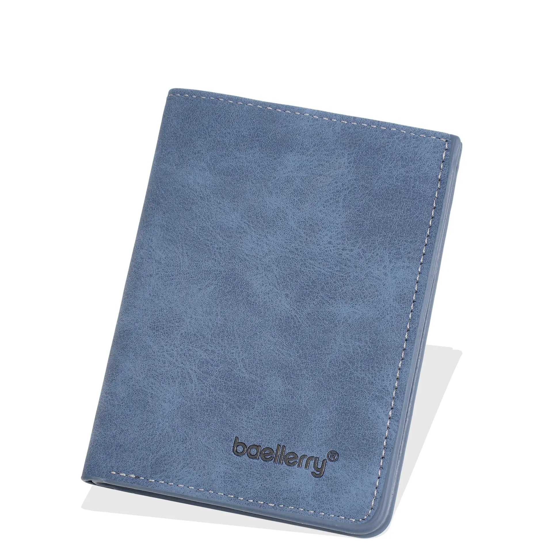 Men's Baellerry short wallet with RFID anti-theft, slim bi-fold, textured blue.