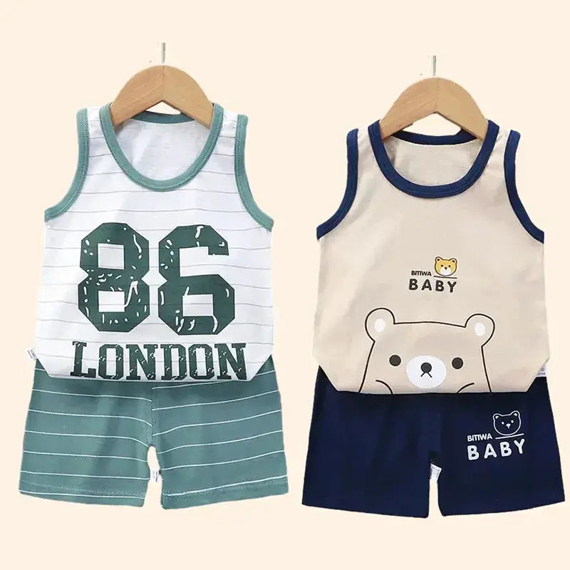 Unisex Summer Cotton Kids Sets For Boys And Girls Vest T Shirts Shorts Tank Top Sleeveless Age One To Three Years