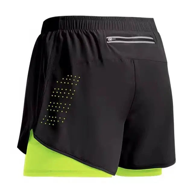 Men's 2-in-1 quick-drying shorts, black outer with neon lime underlayer.