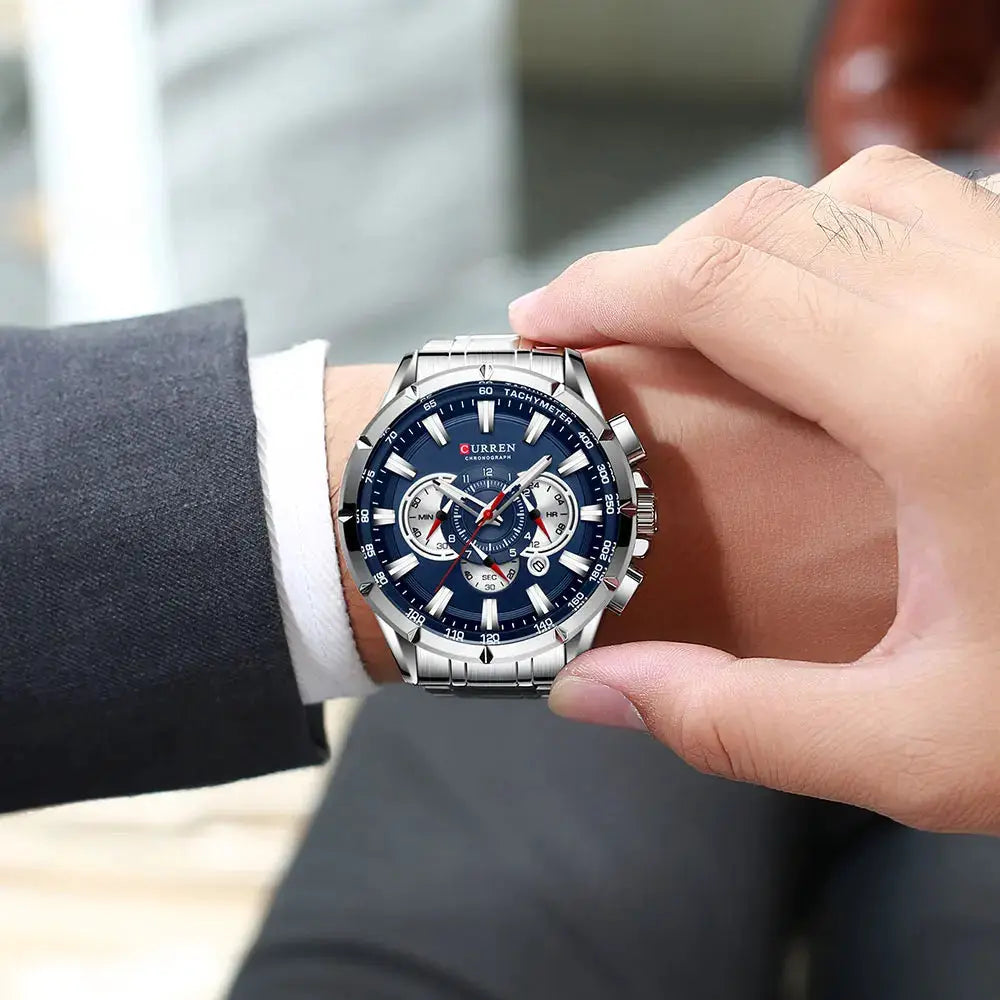 CURREN 8363 men's chronograph watch with stainless steel band and blue dial with luminous hands