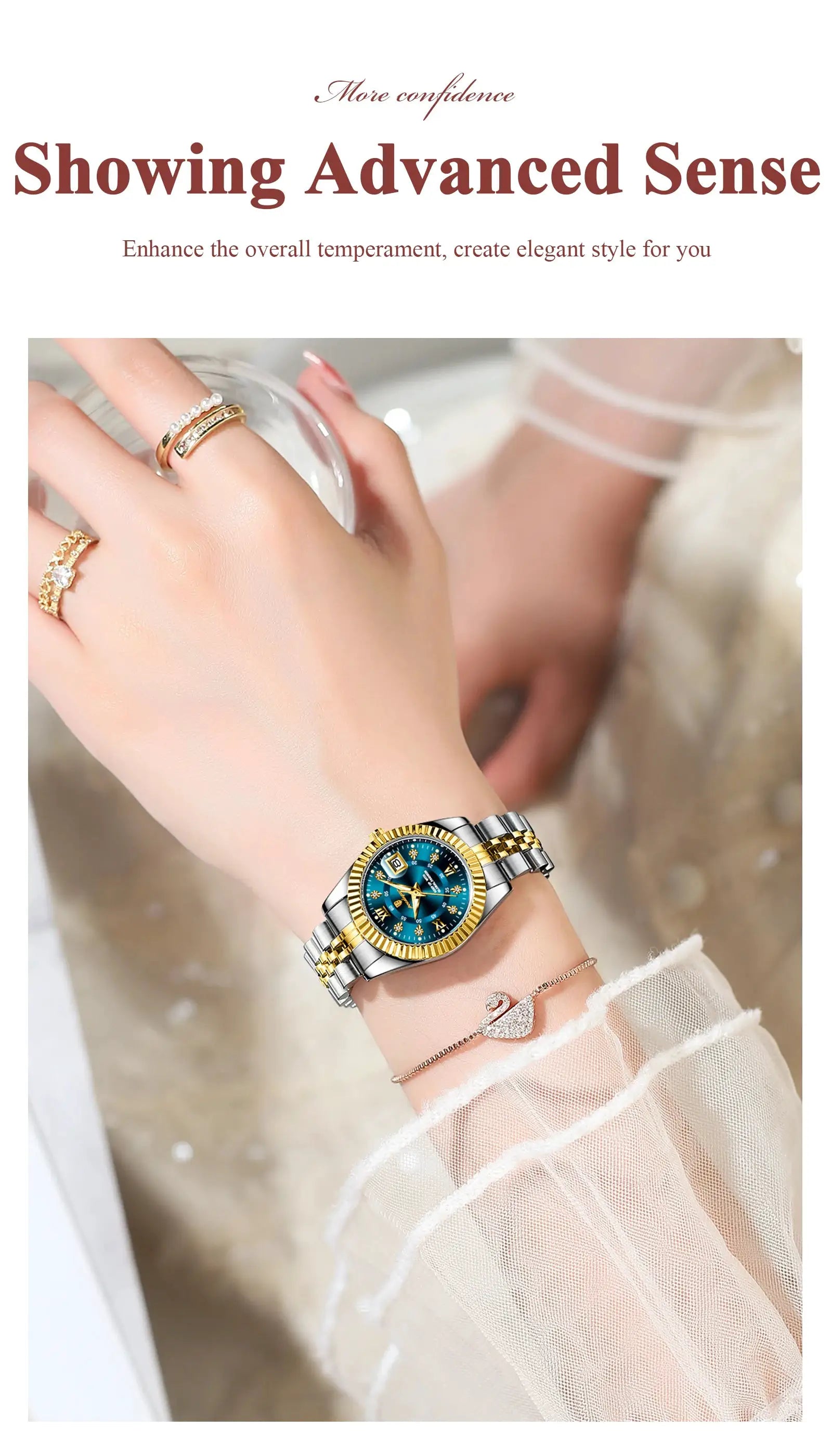POEDAGAR luxury women's watch, two-tone stainless steel bracelet with blue dial and gold bezel