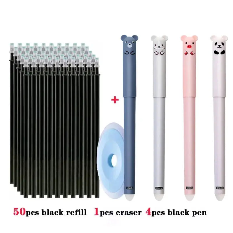Simples Market 55pcs erasable gel pen set: 50 black refills, 1 eraser, and 4 kawaii bear-top pens