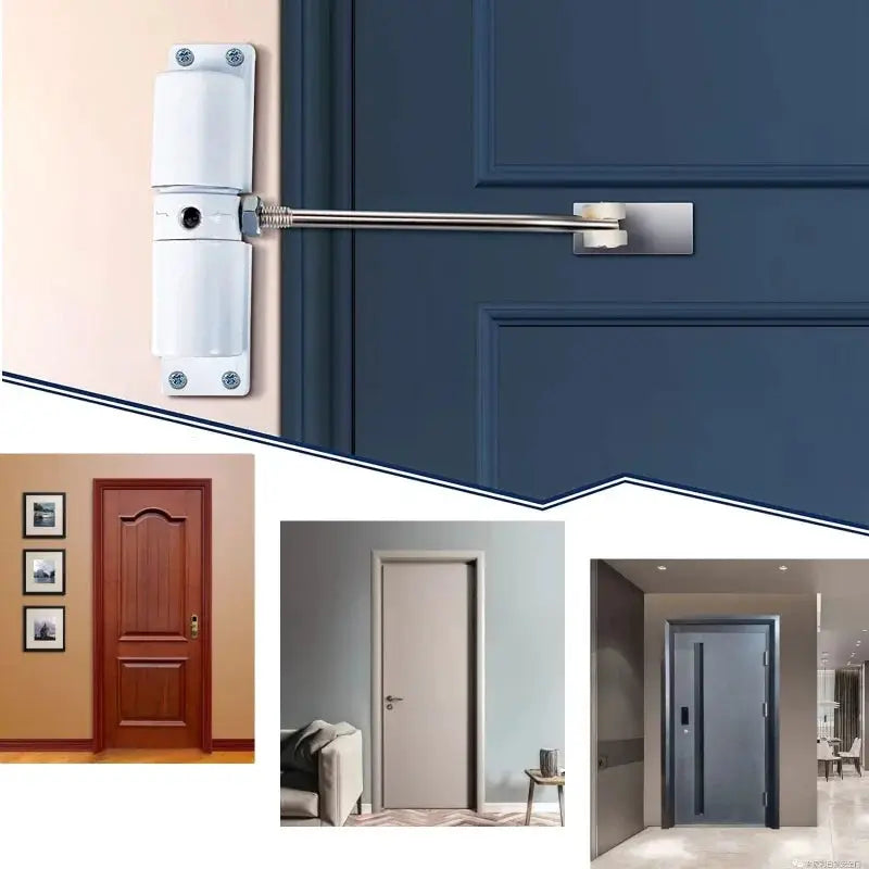 180 Degree Automatic Door Closer with white metal body and steel arm on blue door; collage shows wooden, white, and gray doors.