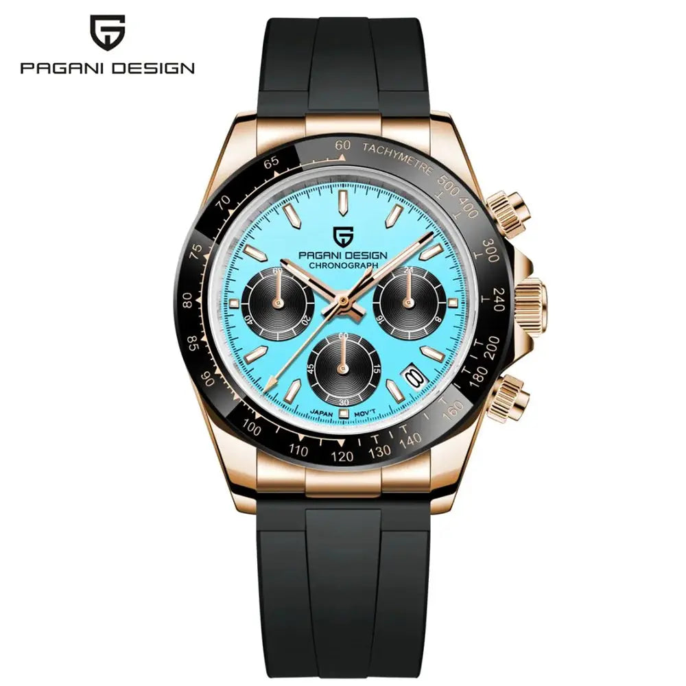 PAGANI DESIGN 40mm sky blue dial chronograph quartz watch with rose-gold stainless steel case and black strap