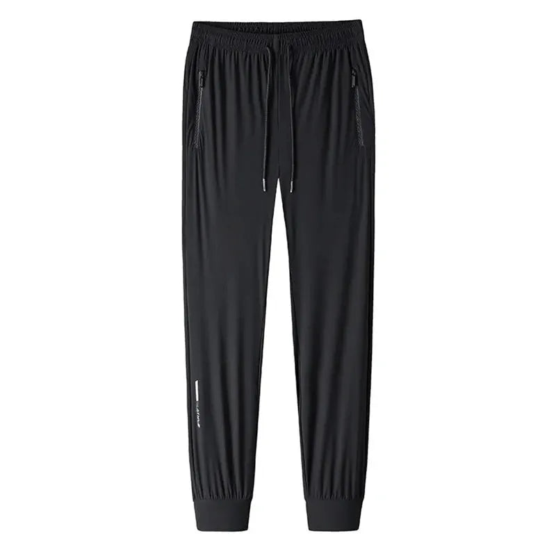 Simples Market men's black ice silk pants, quick-dry joggers with drawstring, zip pockets and elastic cuffs