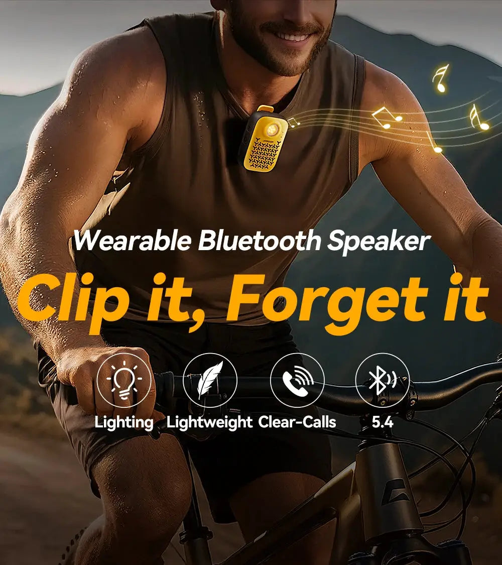 Joyroom wearable Bluetooth speaker, yellow clip-on unit worn on chest during bike ride, IP67 waterproof.