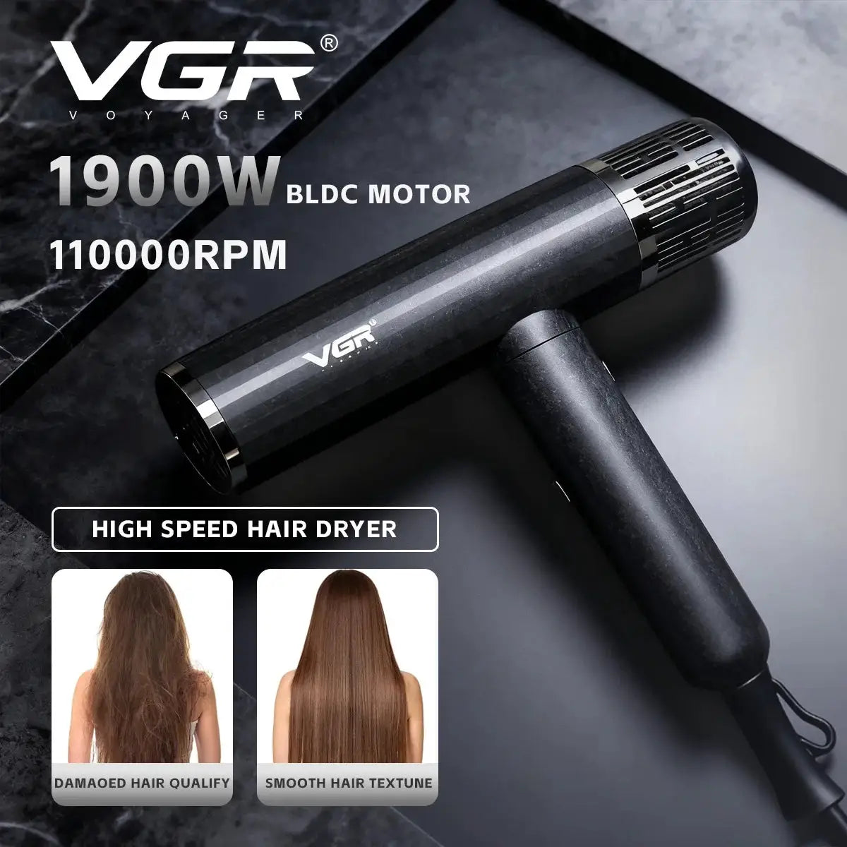 VGR Voyager hair dryer with 1900W BLDC motor, black carbon-fiber finish, 110000 RPM