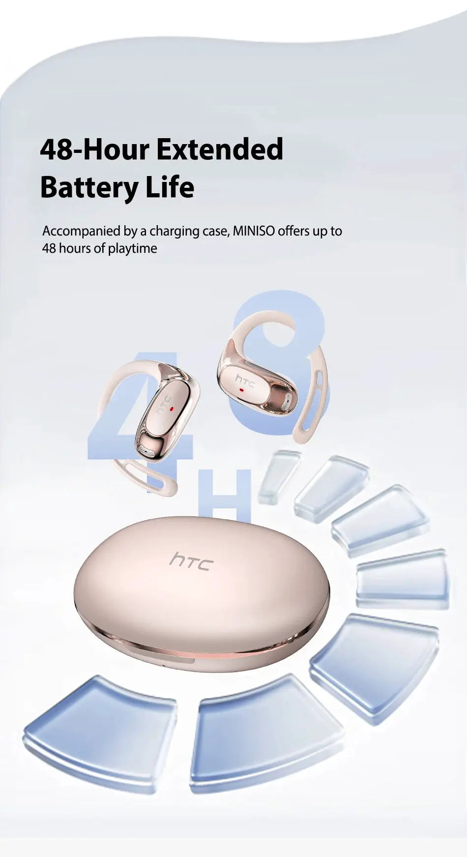 Pair of HTC wireless earphones in rose-gold with charging case; HTC logo visible.