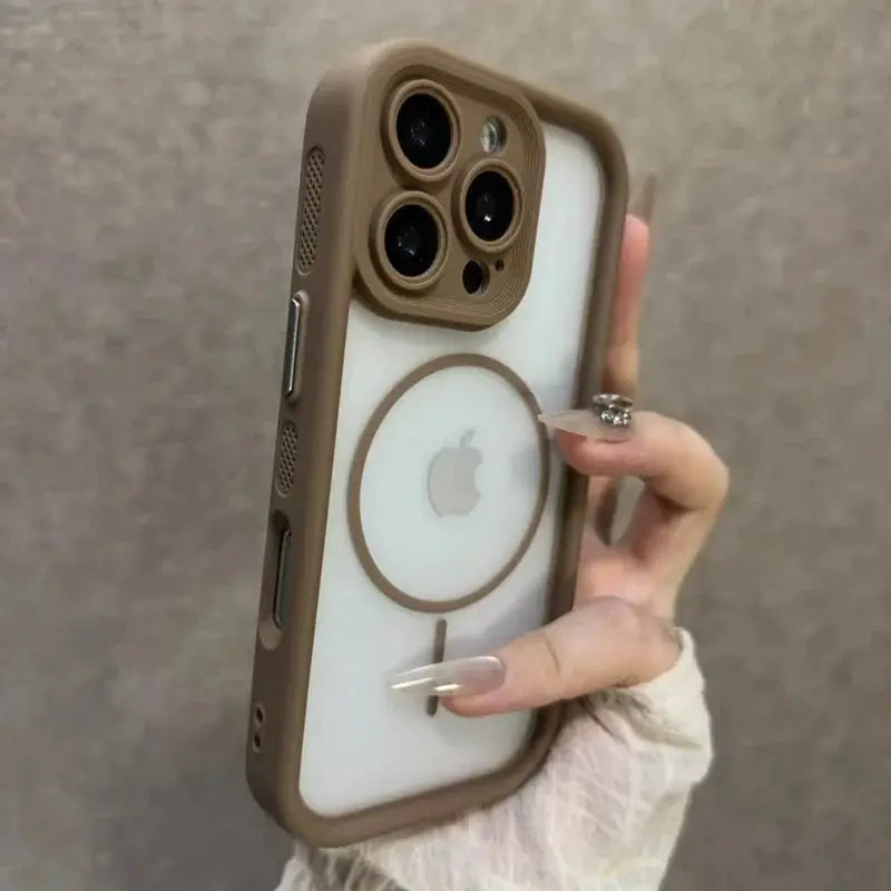 Trendy 2-in-1 Skin Feel iPhone case with MagSafe, tan bumper and white translucent back