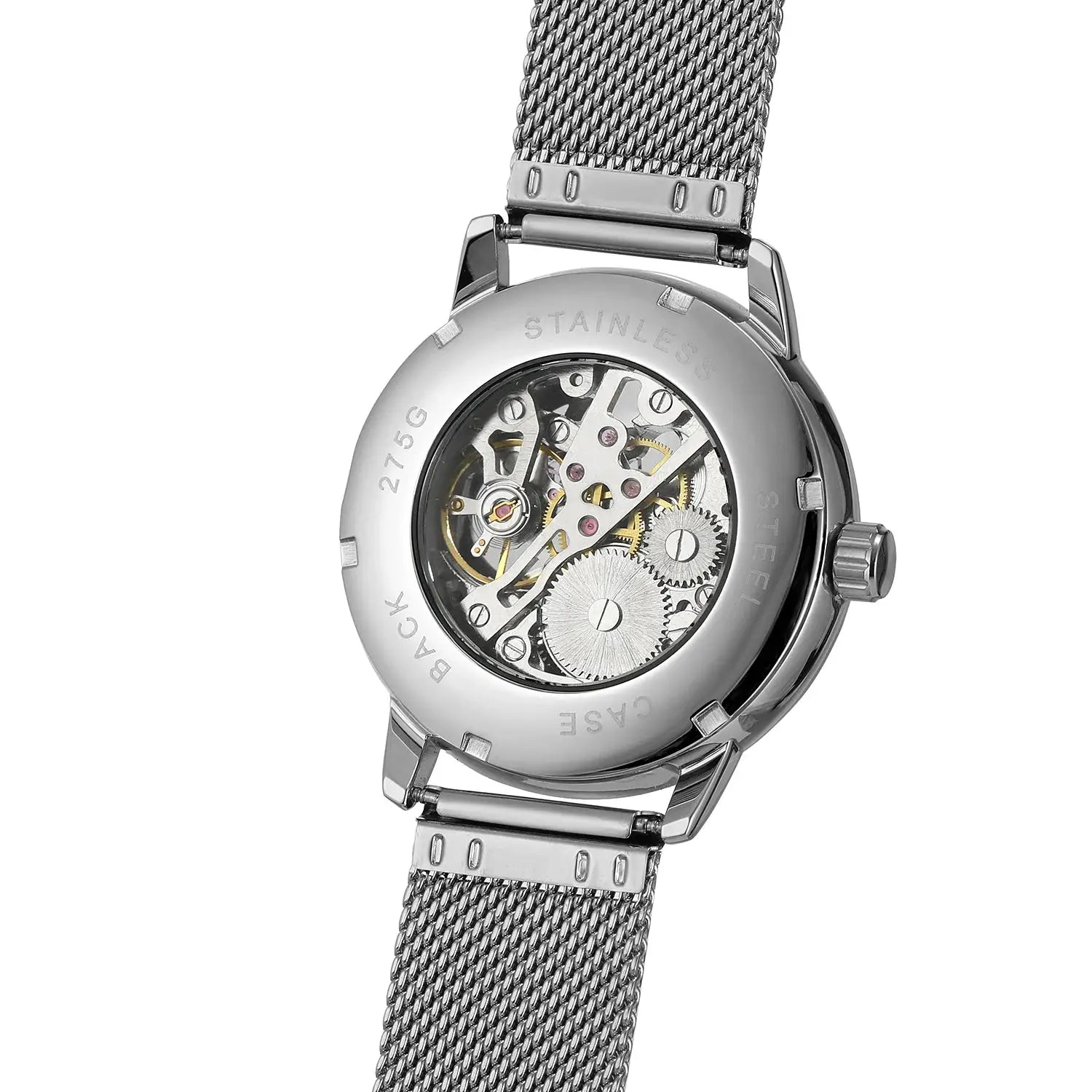 Men's silver-tone stainless steel skeleton mechanical watch with mesh strap, back view.