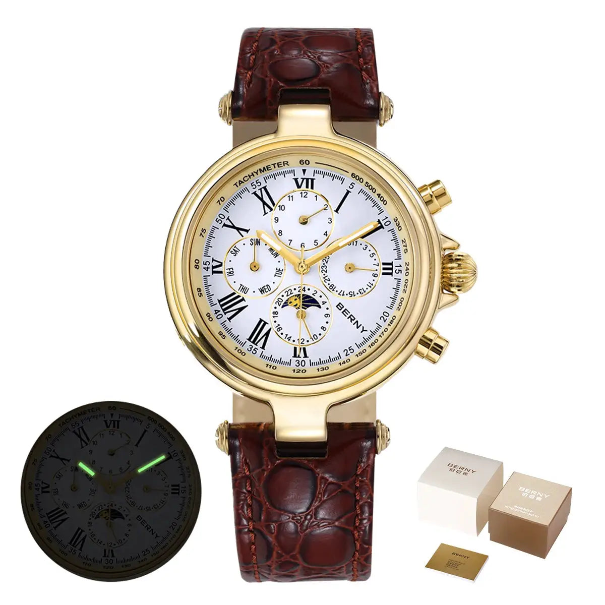 BERNY Retro Automatic Men's Watch with sun & moon phase, gold-tone case, brown leather strap