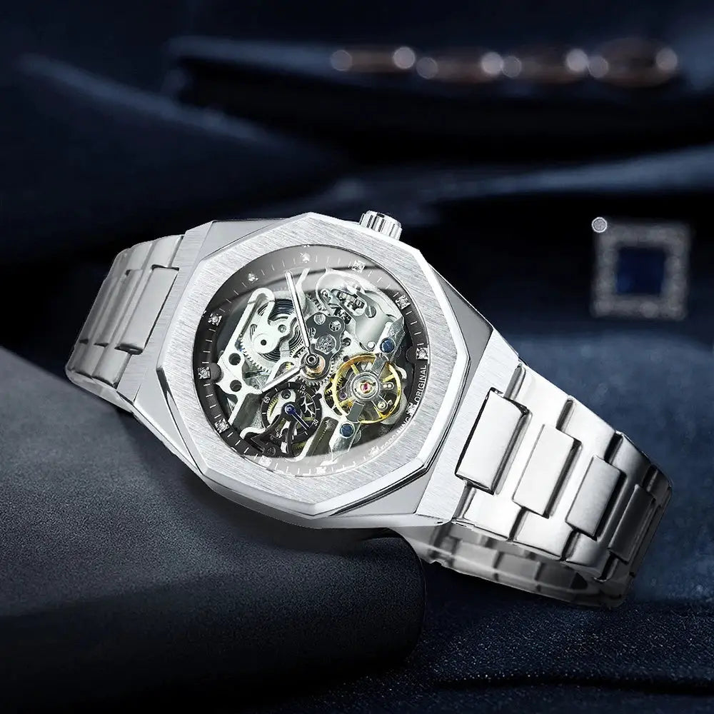 Forsining casual skeleton automatic men's watch with stainless steel strap and luminous hands.