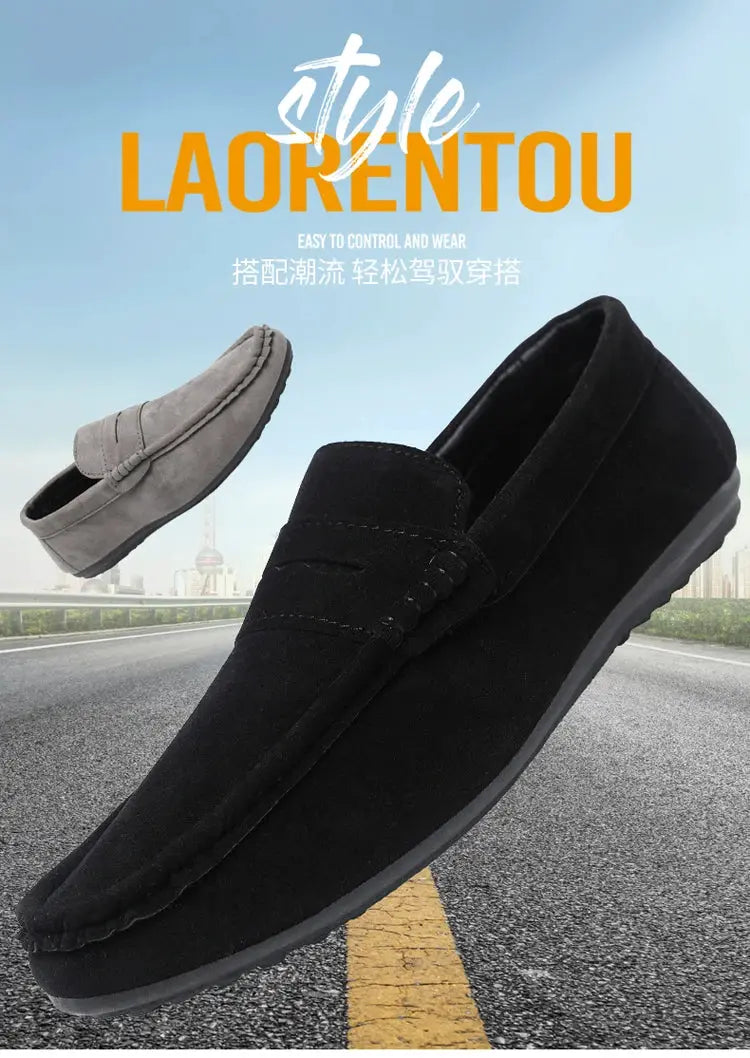Casual men's driving loafers in black with gray and khaki colorways, two pairs shown