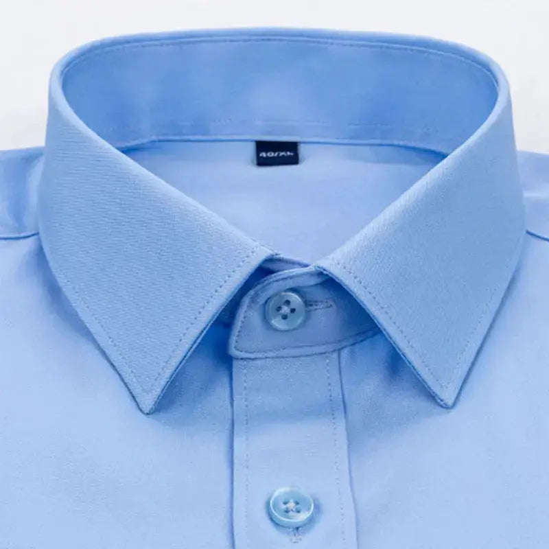 Men's blue dress shirt with classic collar and front buttons