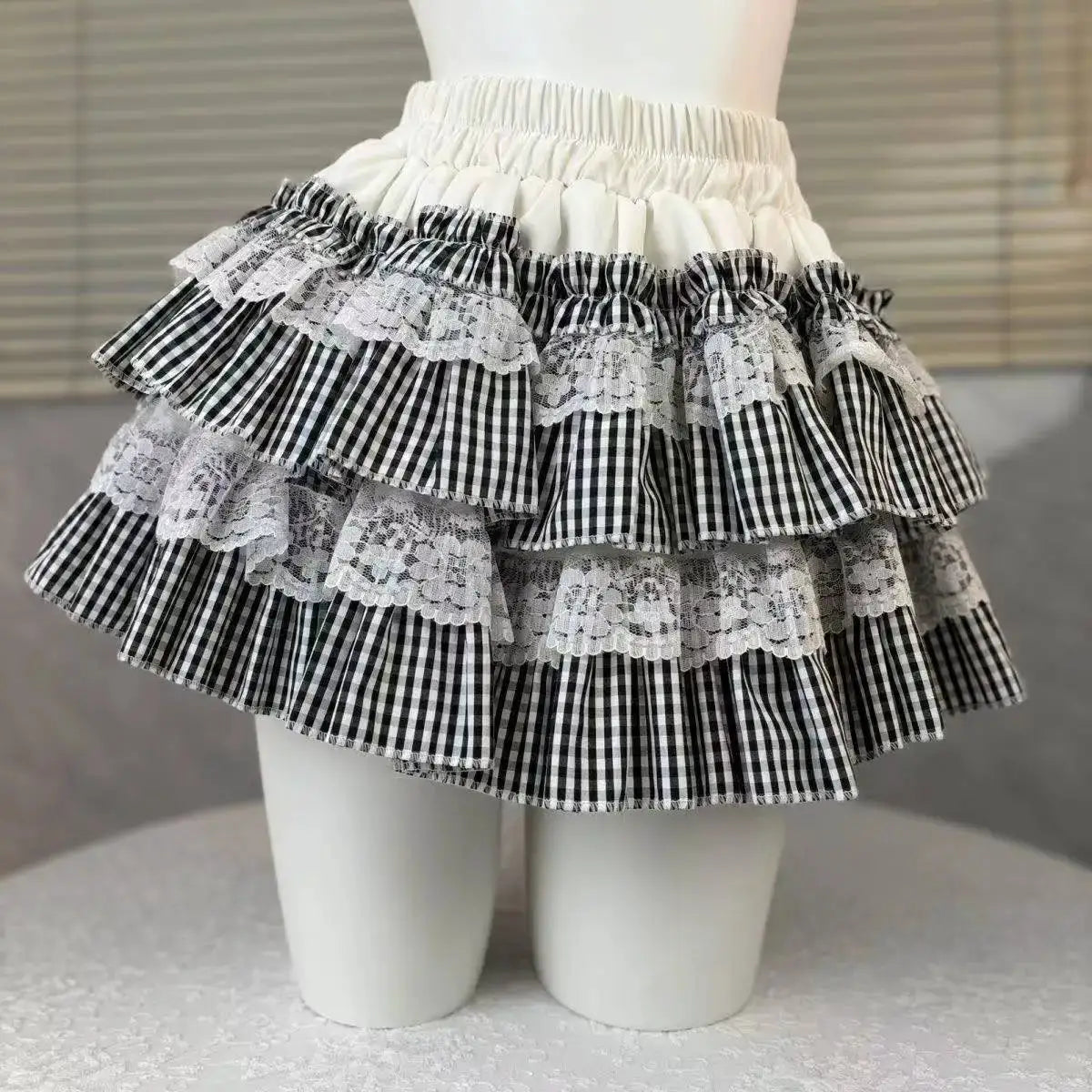 Lolita Style Princess Vintage Cake Skirt Simples Market, black gingham with white lace tiers and elastic waist