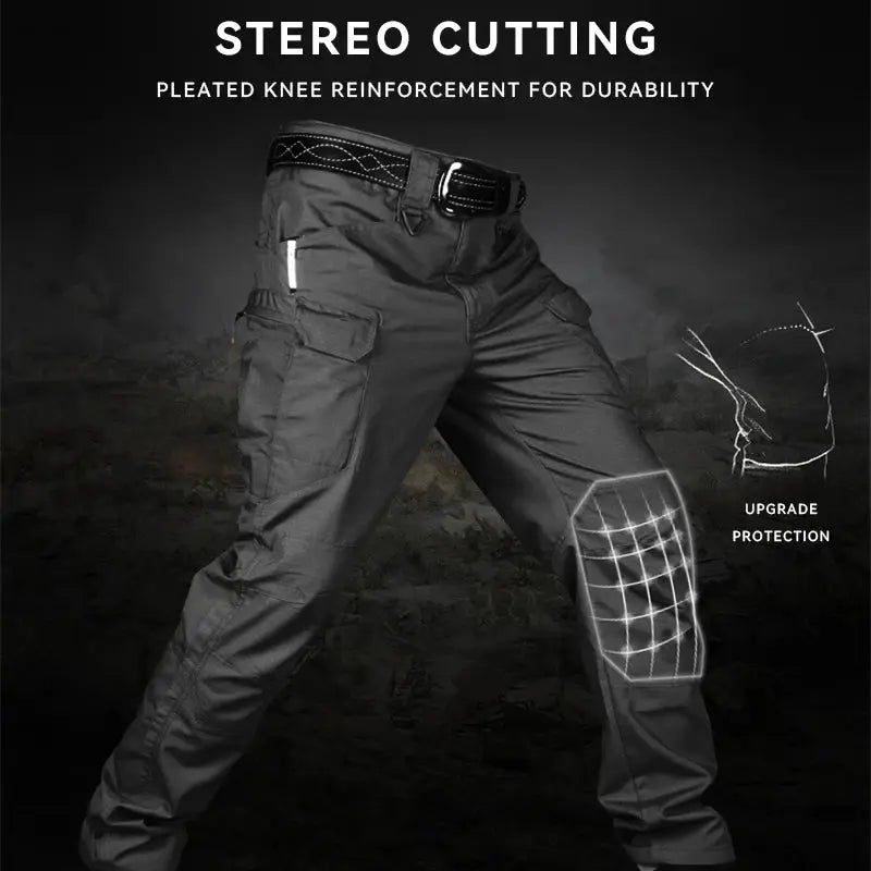 Simples Market tactical cargo pants for men, gray combat trousers with multiple pockets and knee reinforcement