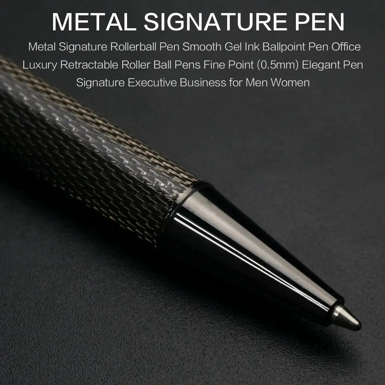 Ballpoint pen with textured black metal body and silver chrome tip
