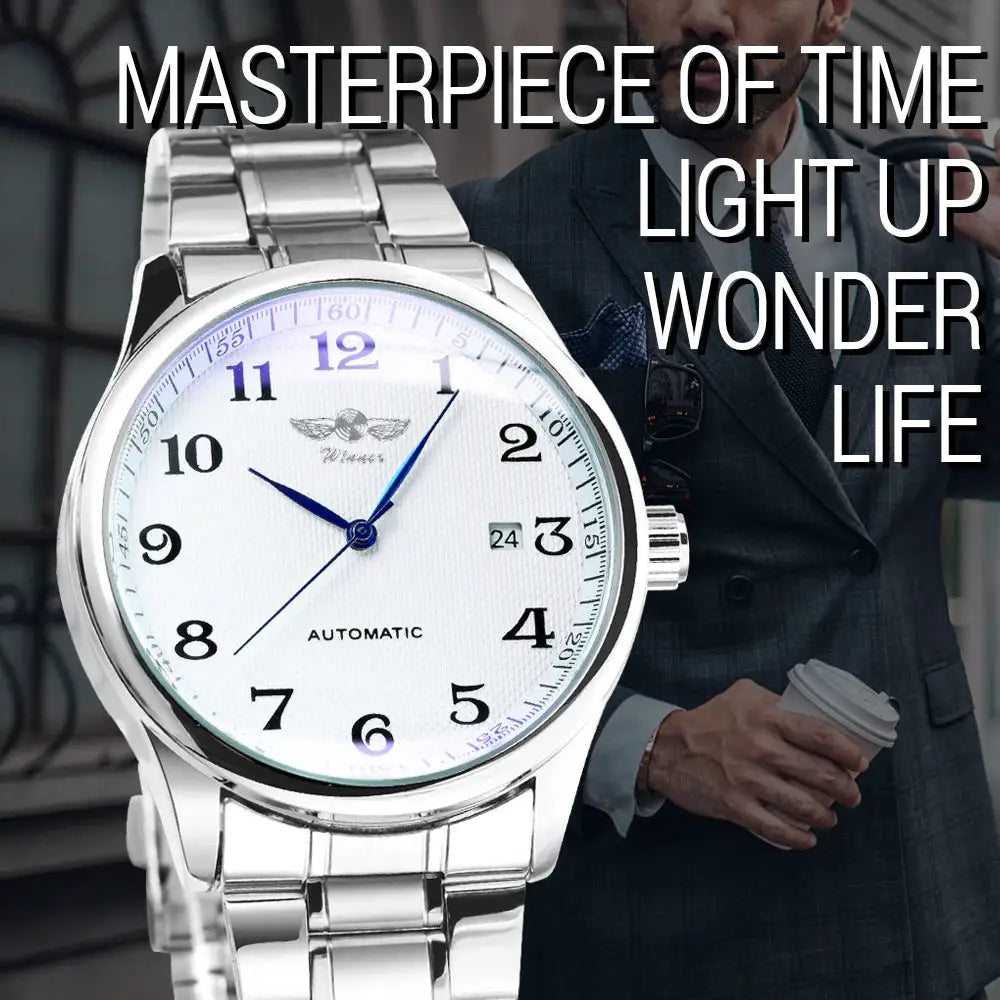 Men's WINNER calendar automatic watch with stainless steel bracelet and date display
