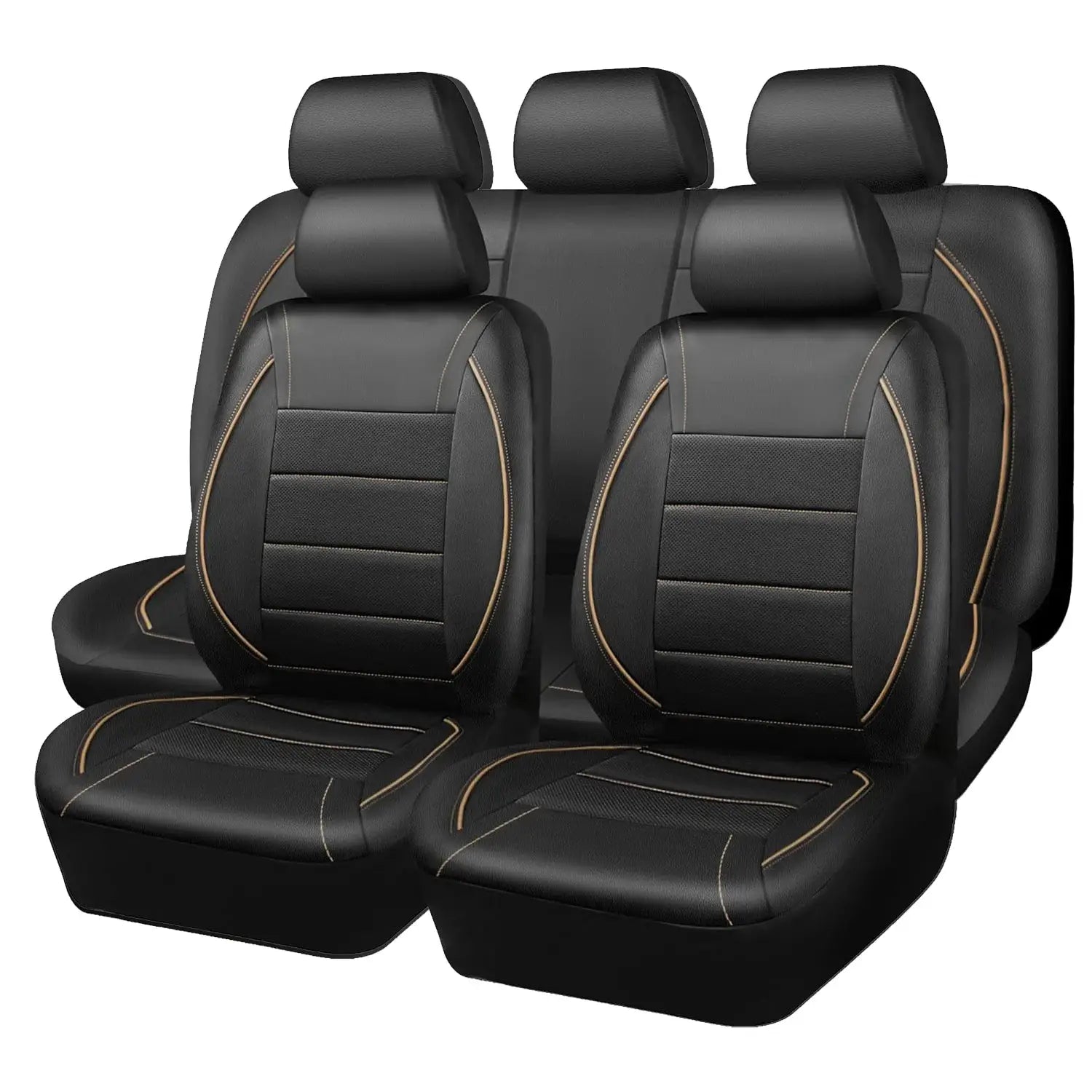 Universal leather car seat covers for 5 seats by Simples Market; black with tan stitching.