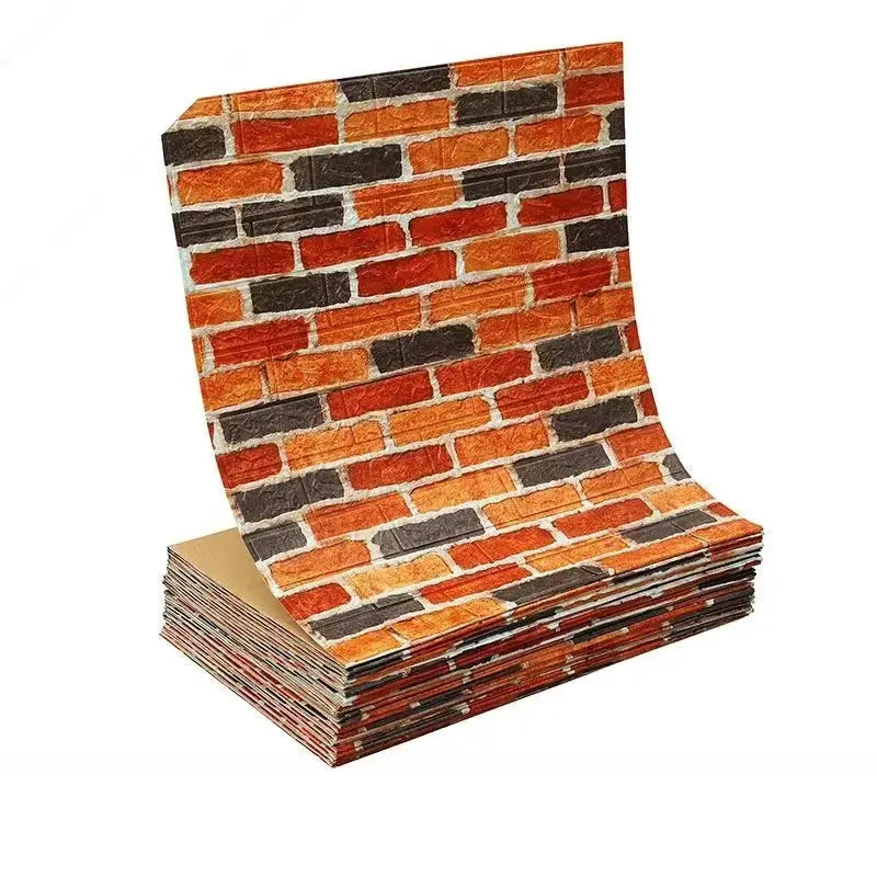 3D self-adhesive brick wallpaper bundle; orange-red brick pattern with gray mortar on stacked sheets
