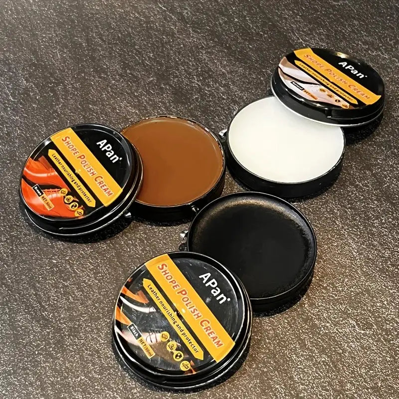Five Apan shoe polish tins set with brown wax and colorless cream for faux leather care