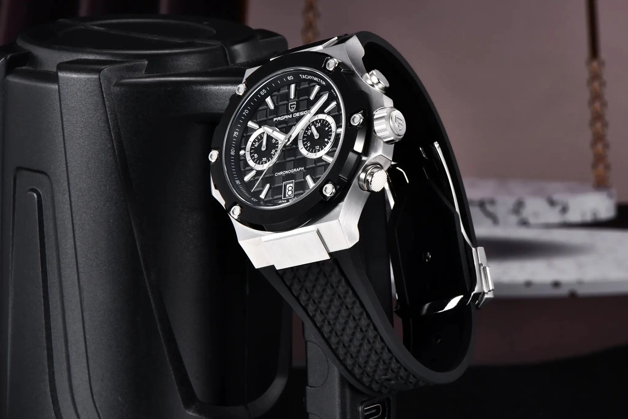PAGANI DESIGN men's chronograph watch with black dial, fluororubber strap, silver case