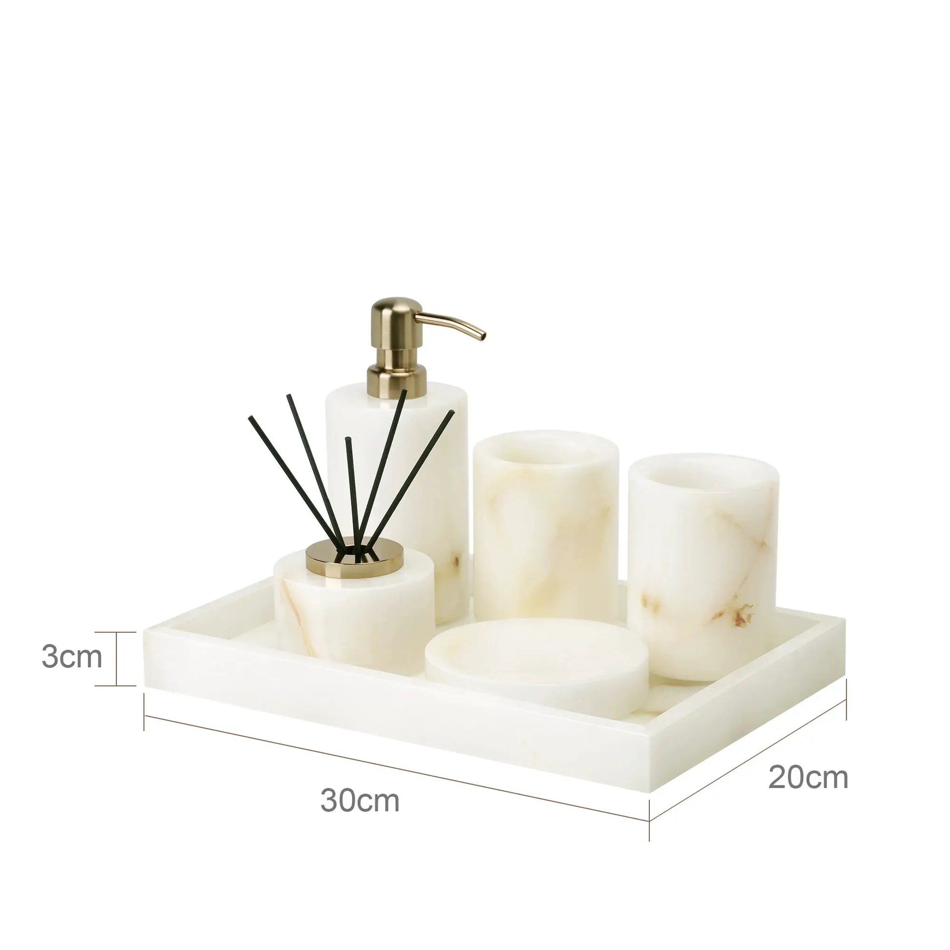 White onyx marble bathroom accessories set with gold-pump soap dispenser, tissue box, and vanity tray