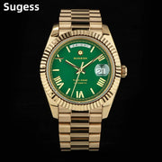 Sugess gold-tone men's wristwatch with green dial, day-date window, and stainless steel bracelet