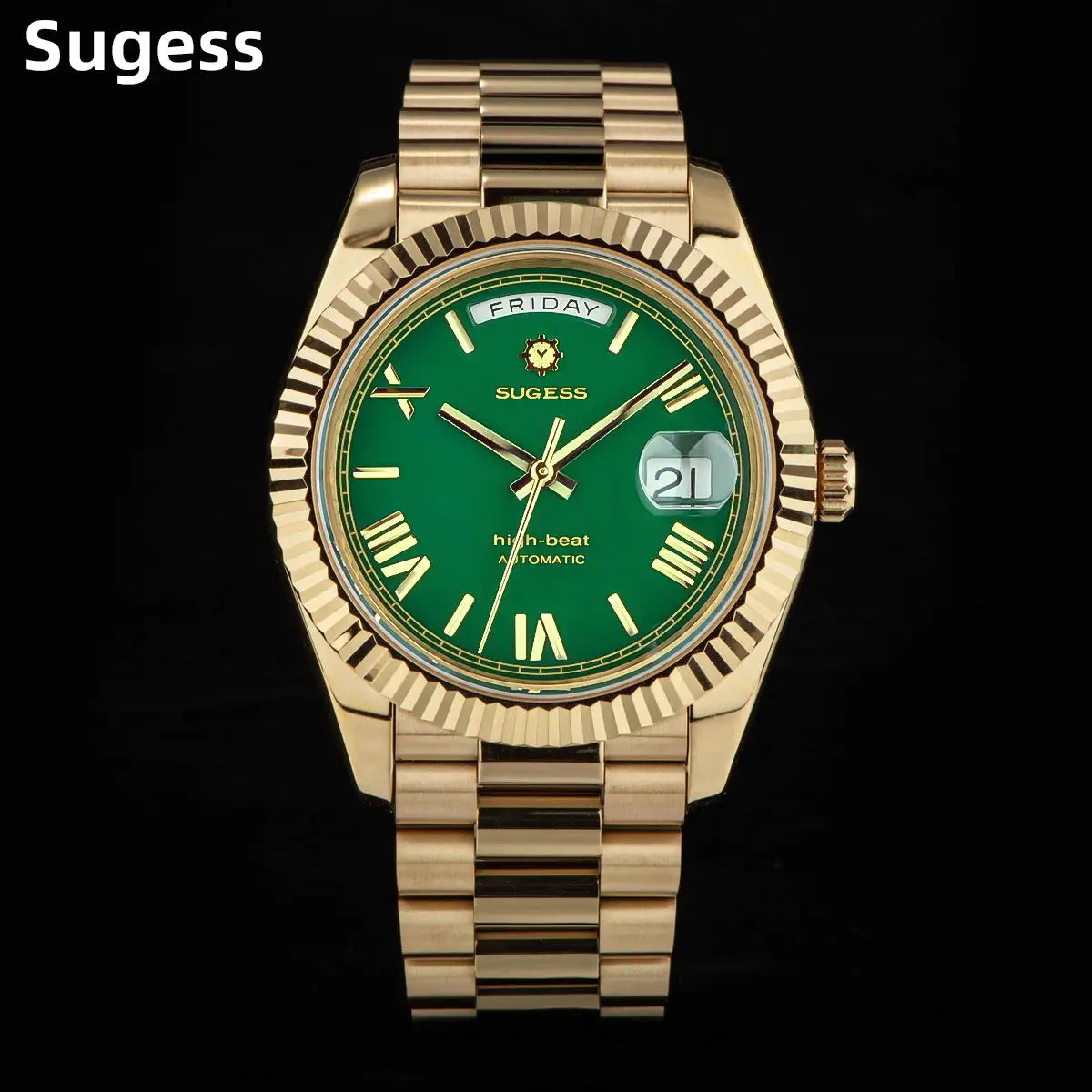 Sugess gold-tone men's wristwatch with green dial, day-date window, and stainless steel bracelet