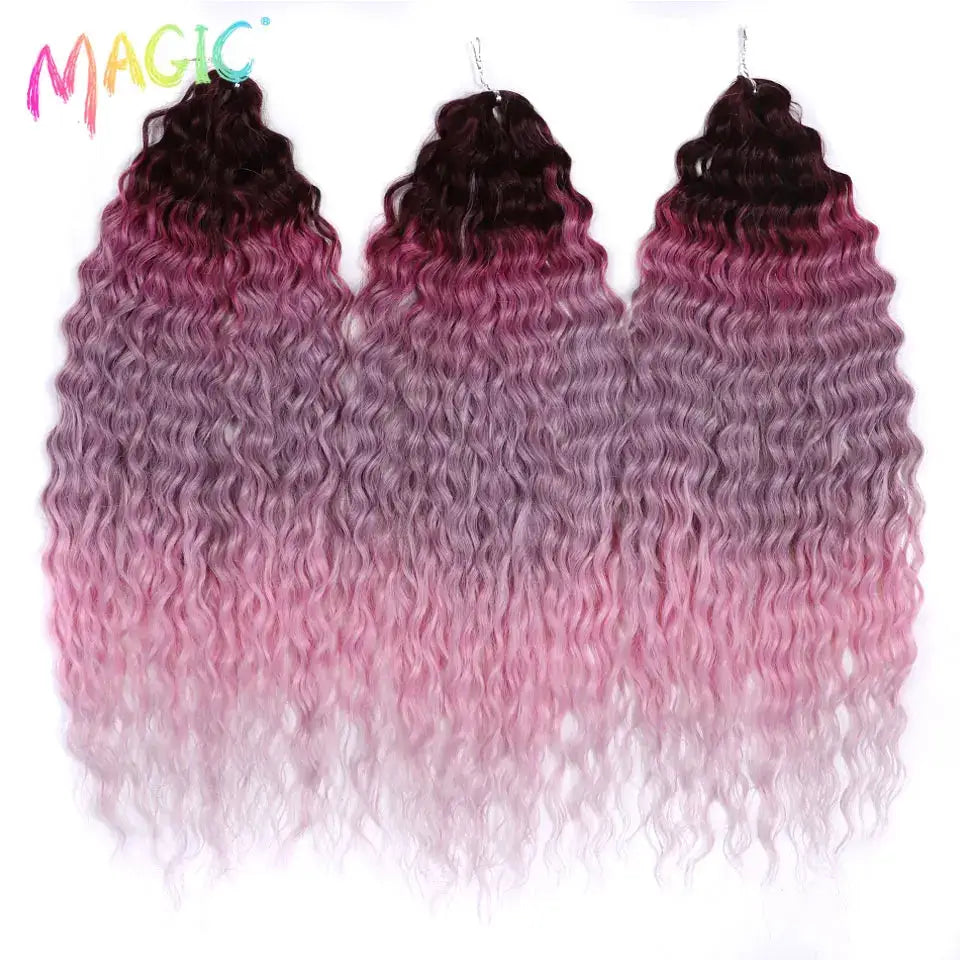 Magic Ariel Curl deep-wave crochet hair extensions, 22in, ombre pink-to-purple, 3-pack synthetic braids
