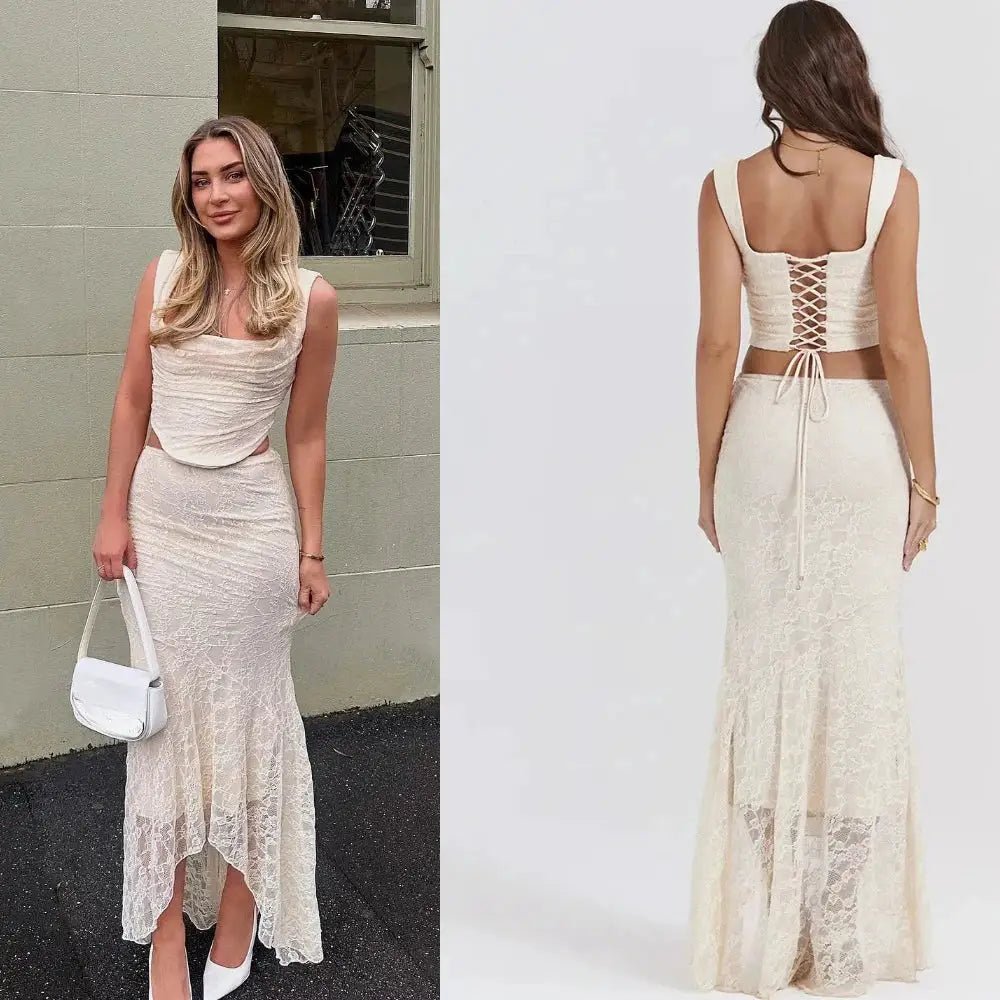 Minigmingxi 2024 Summer Beige Two Piece Dress Set Mermaid Skirt