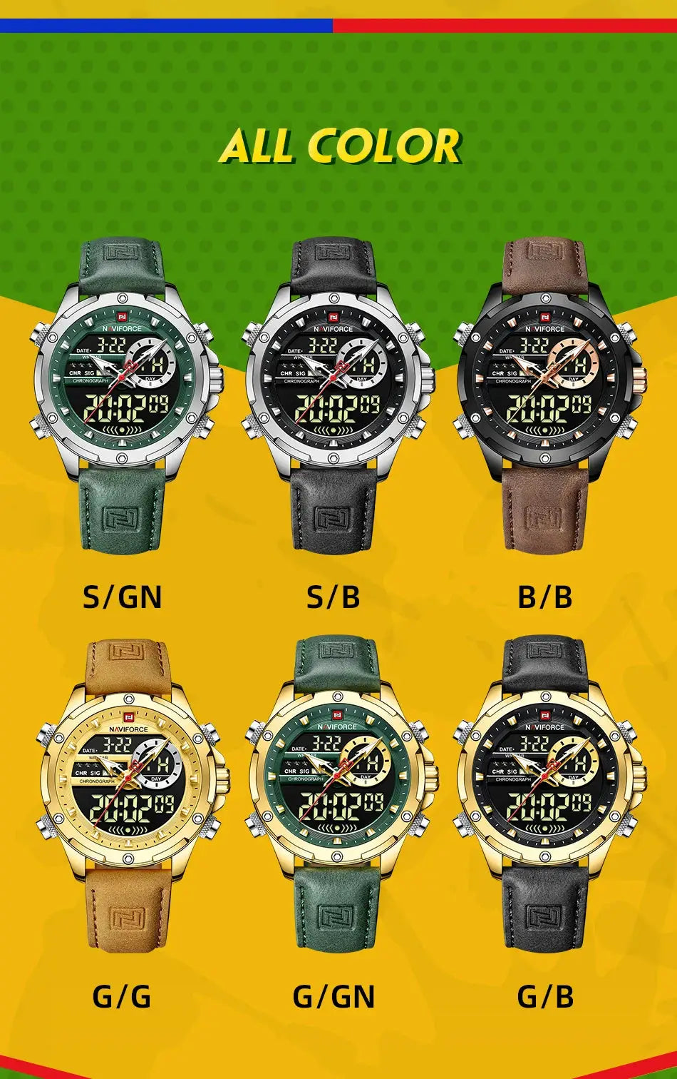Six NAVIFORCE men's luxury watches with leather straps in green, black, brown and gold tones from Simples Market