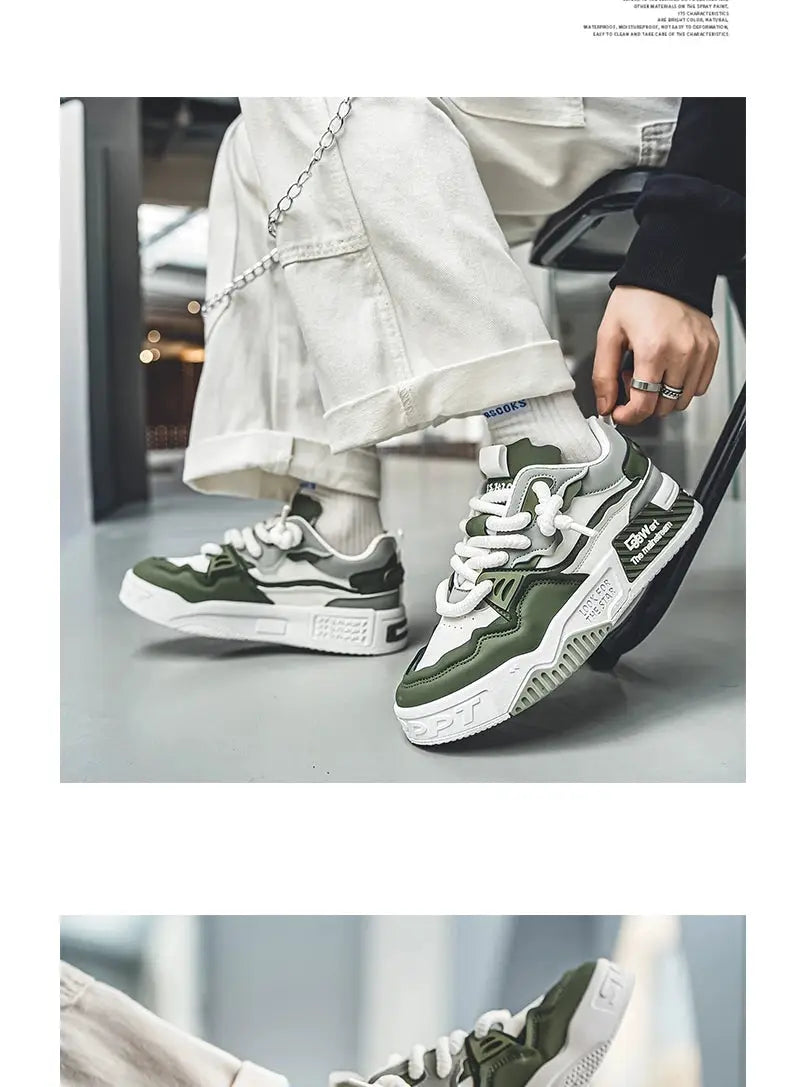 Men's Trendy Skate Shoes by Simples Market, green and white casual lace-up sneakers (2)