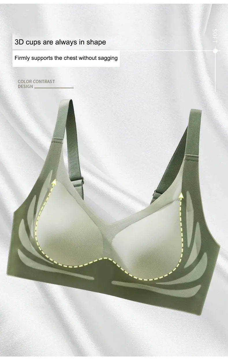 Seamless push-up bra in olive green with angel-wings design, wireless and breathable