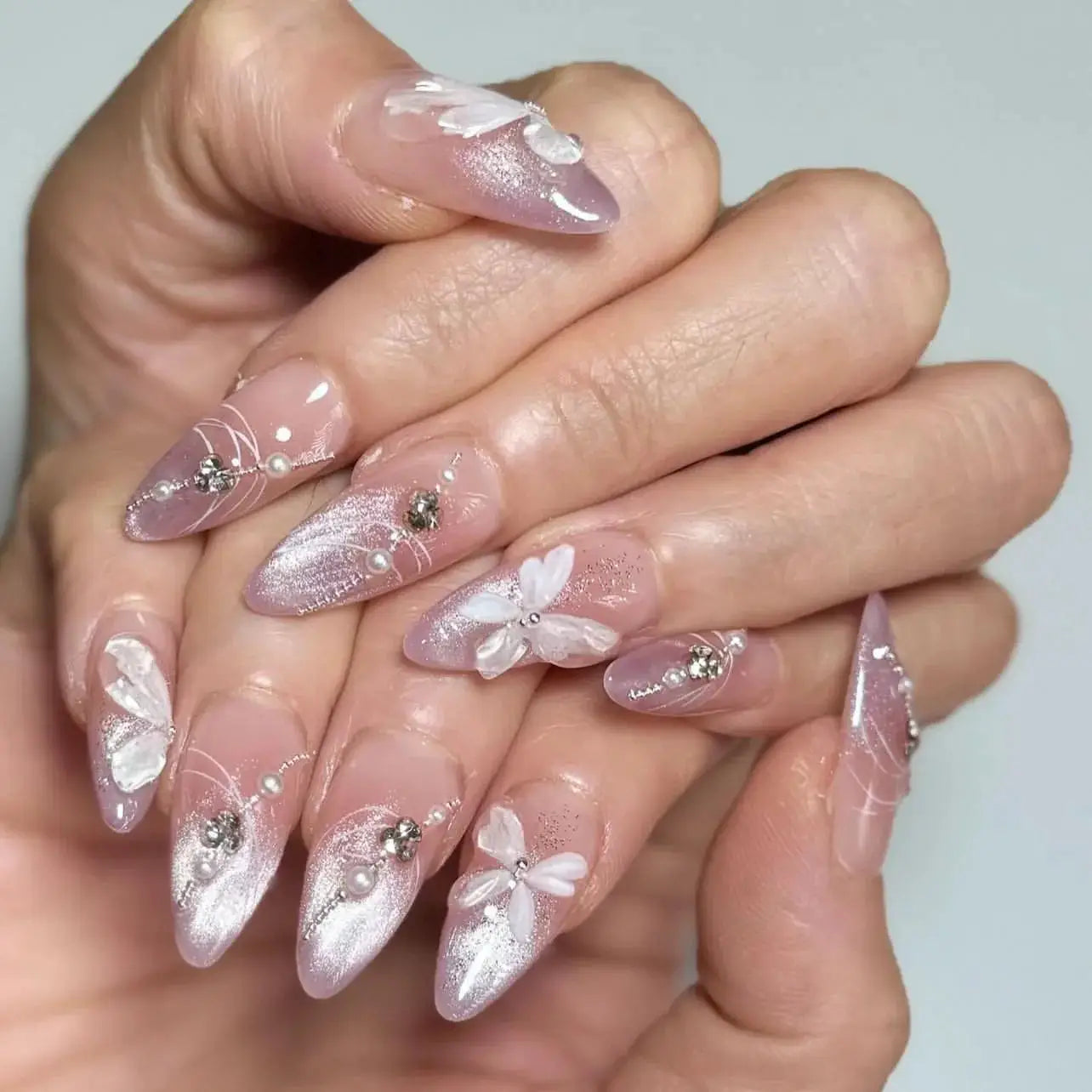 LuxeNail Blush Pink False Nails Bowknot Diamond Pearl Design Press On Nail Tips Harmless Smooth Edge Safe DIY Mani