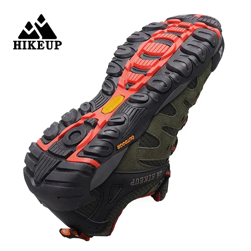 HIKEUP men's hiking shoes with olive suede upper and chunky black/orange outsole tread