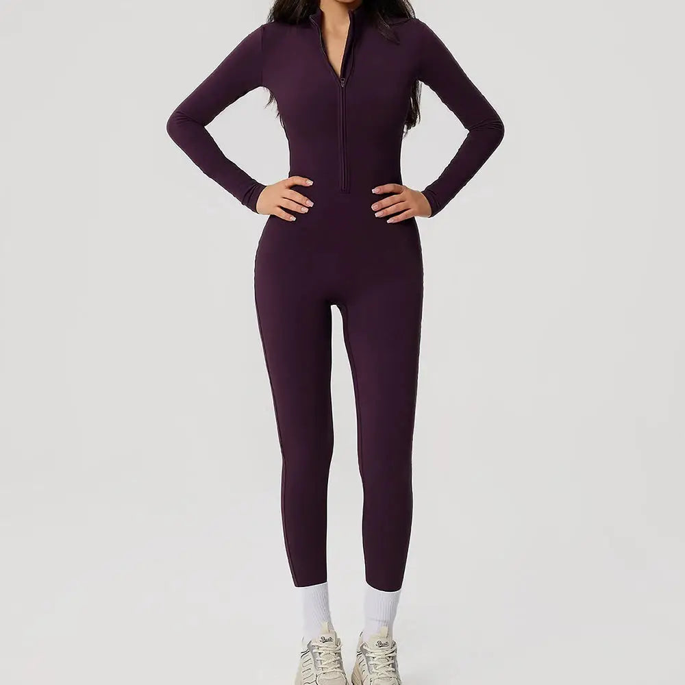 ZenMove Yoga Boilersuit For Women Long Sleeve Zipper Jumpsuit Skin Tight Fit Breathable Quick Dry Nylon Elastane