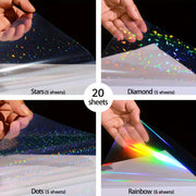 Simples Market holographic PVC sticker paper, 20 A4 sheets with Stars, Dots, Diamond and Rainbow (5 each).