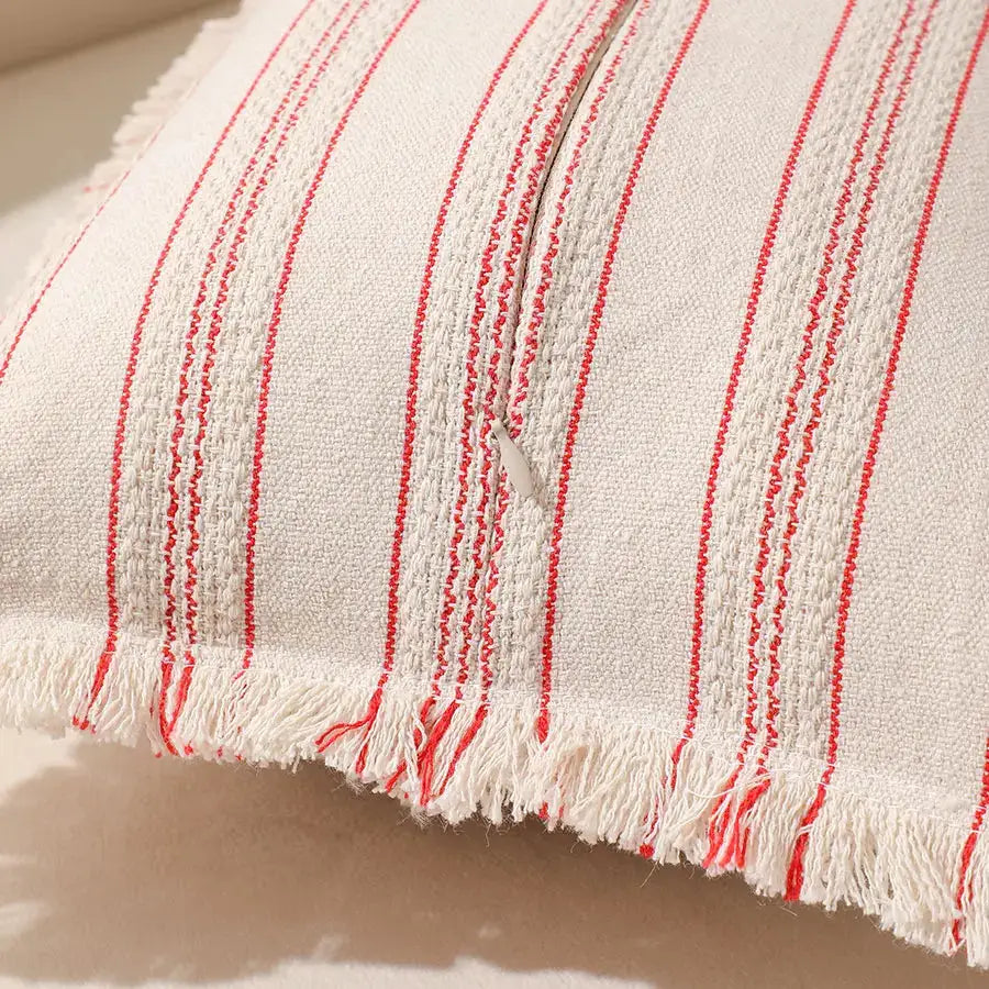 Summer Boho pillow cover 30x50 with cream base, red stripes and fringed edges by Simples Market