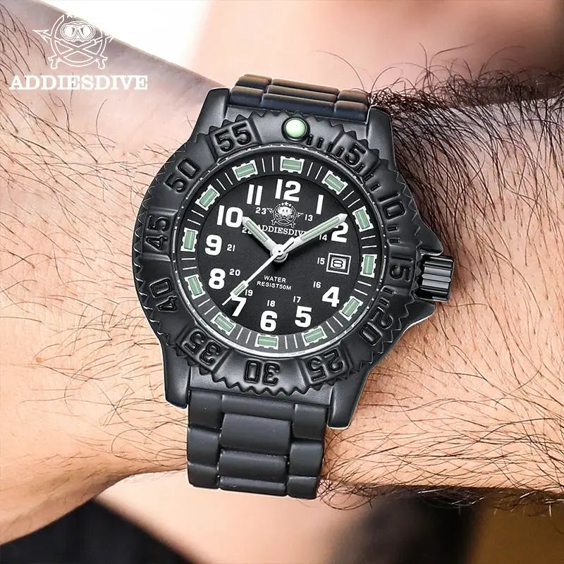 ADDIESDIVE luxury men's quartz watch, black stainless steel, green luminous markers