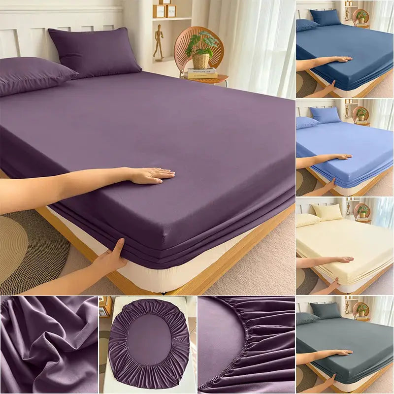 Fitted bed sheet with elastic band by Simples Market in purple, blue, light blue, and cream; 100% polyester