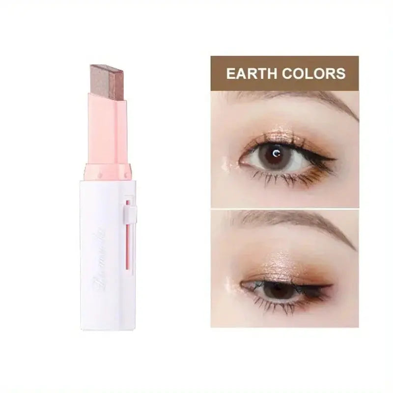 Simples Market eye shadow stick, two-color gradient, pink cap; Earth Colors eye makeup swatches shown.