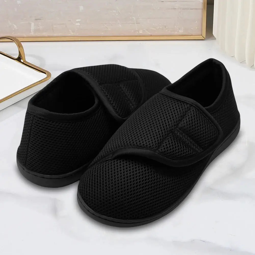 Unisex diabetic shoes pair, black mesh with hook-and-loop strap for easy slip-on comfort
