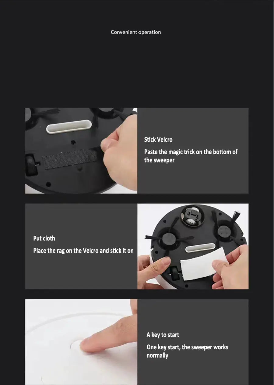 USB Sweeping Robot Vacuum Cleaner 3-in-1 by Simples Market; assembly guide shows Velcro pad, rag, and start button.