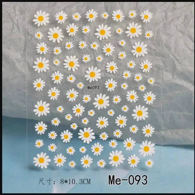Daisy nail decals sheet with white petals and yellow centers, adhesive manicure stickers (8x10.3 cm)