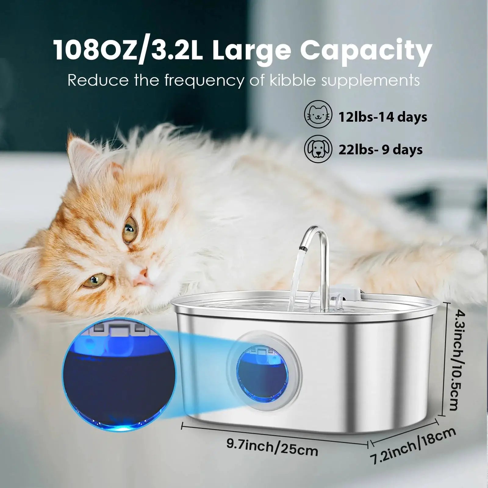 3.2L Stainless Steel Cat Water Dispenser With Clear Water Level Window