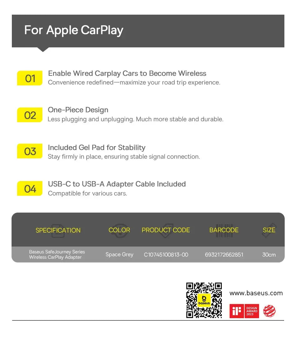 Baseus Wireless CarPlay adapter, Space Grey, wired-to-wireless CarPlay, USB-C to USB-A adapter cable included