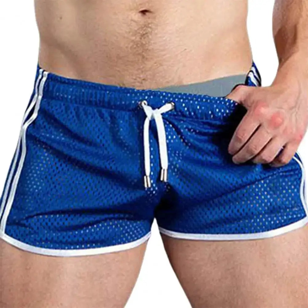 Men's blue mesh shorts with white side stripes, drawstring and trim, quick-dry gym or beach wear.
