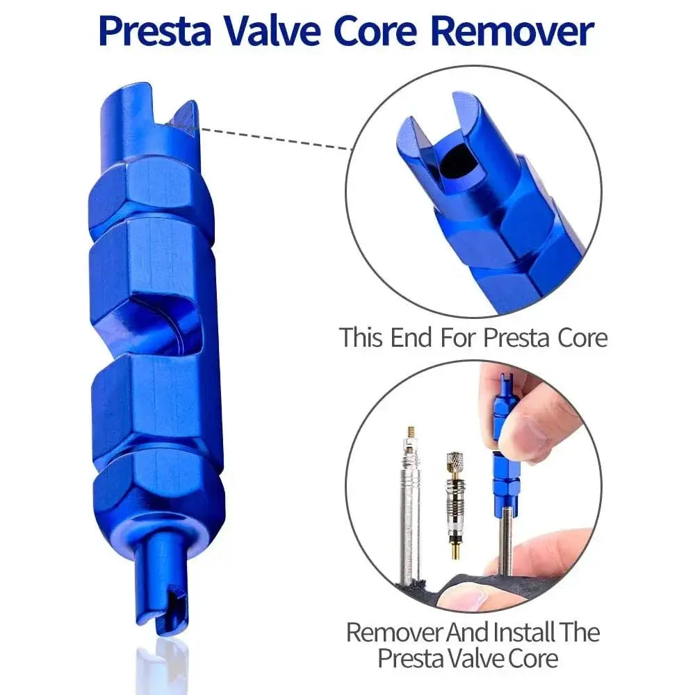 Blue aluminum Presta valve core remover tool for bike tires; compact tire repair wrench, 1 piece.